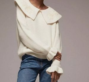 Zara Knit Sweater With Embroidered Collar Sz Large